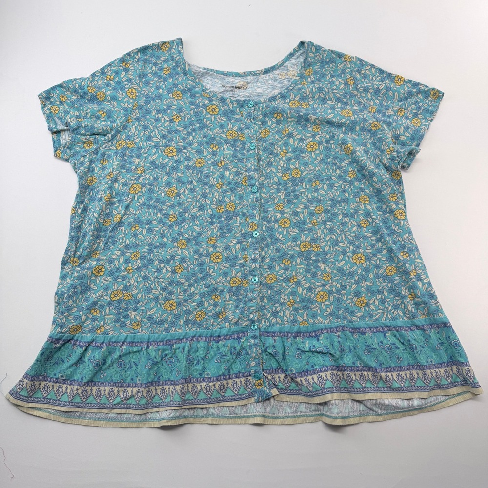 Woman Within Blue Floral Button Front Peplum Top Plus Size 1X 22/24 Short Sleeve